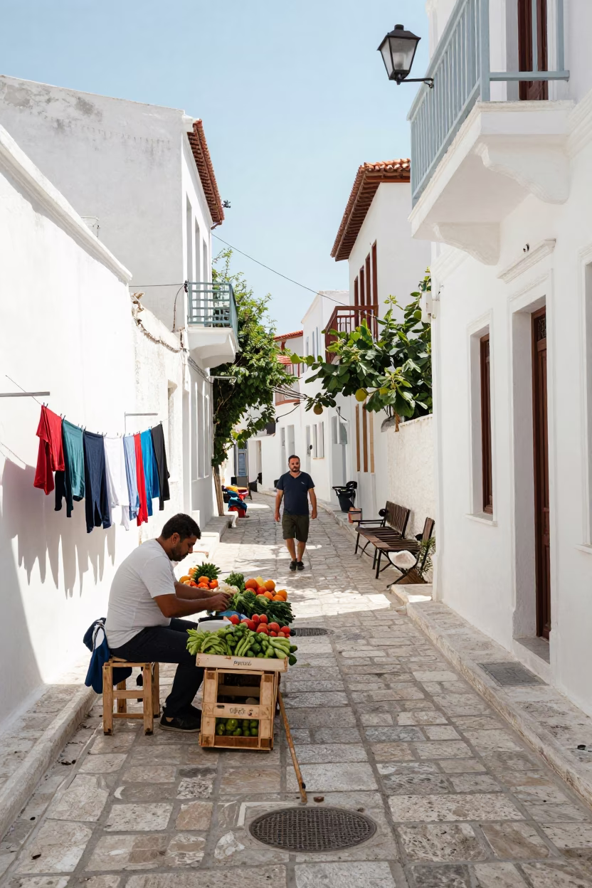 Street Scene in Athens at Bright Midmorning Light in in Athens, Greece