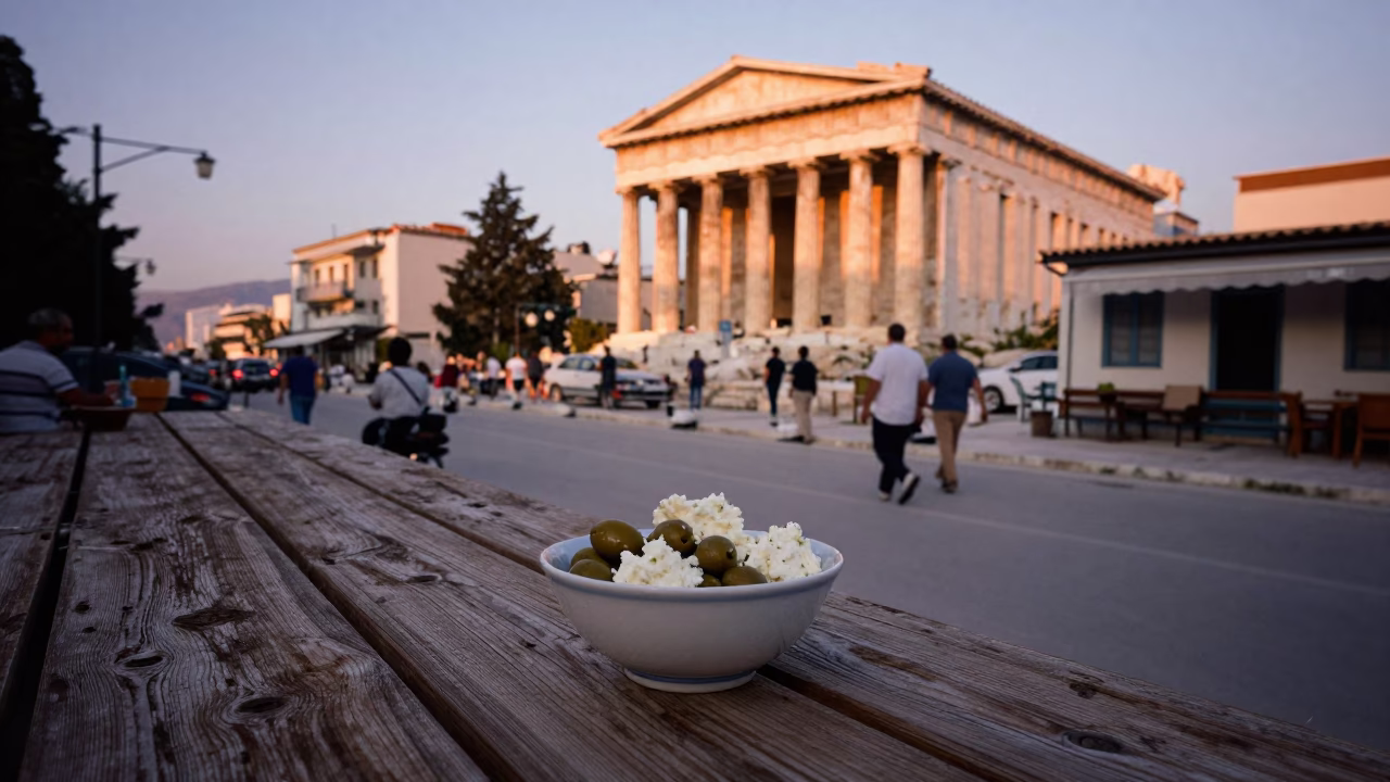 Street Scene in Athens at Copper-toned Light Before Dusk in in Athens, Greece