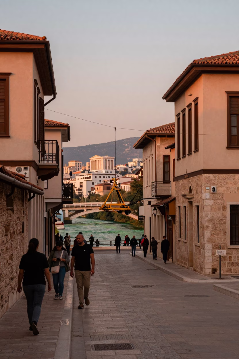 Street Scene in Athens at Copper-toned Light Before Dusk in in Athens, Greece