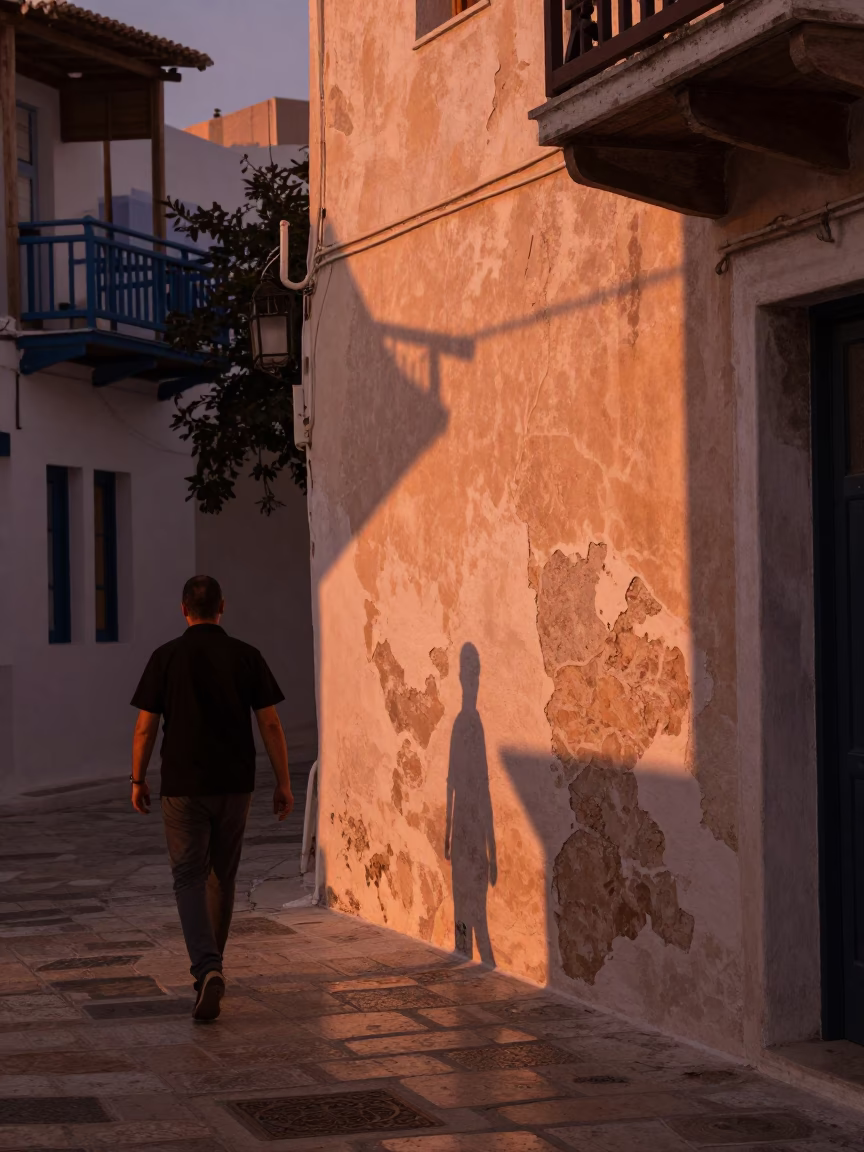Street Scene in Athens at Copper-toned Light Before Dusk in in Athens, Greece