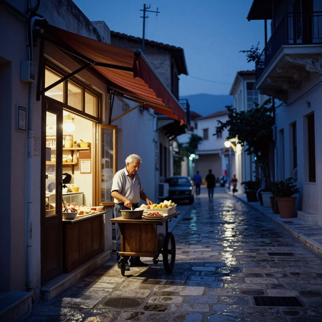 Street Scene in Athens at Indigo Twilight After Sunset in in Athens, Greece