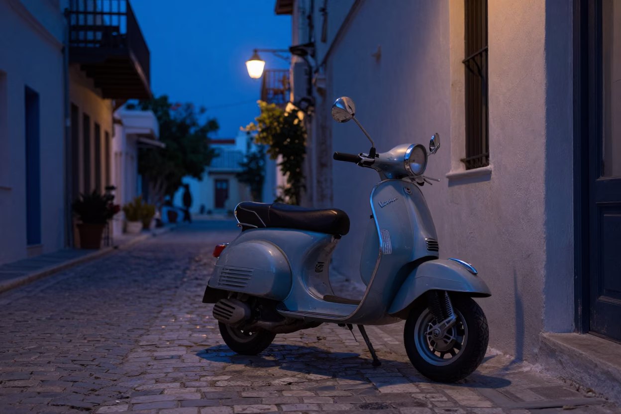 Street Scene in Athens at Indigo Twilight After Sunset in in Athens, Greece