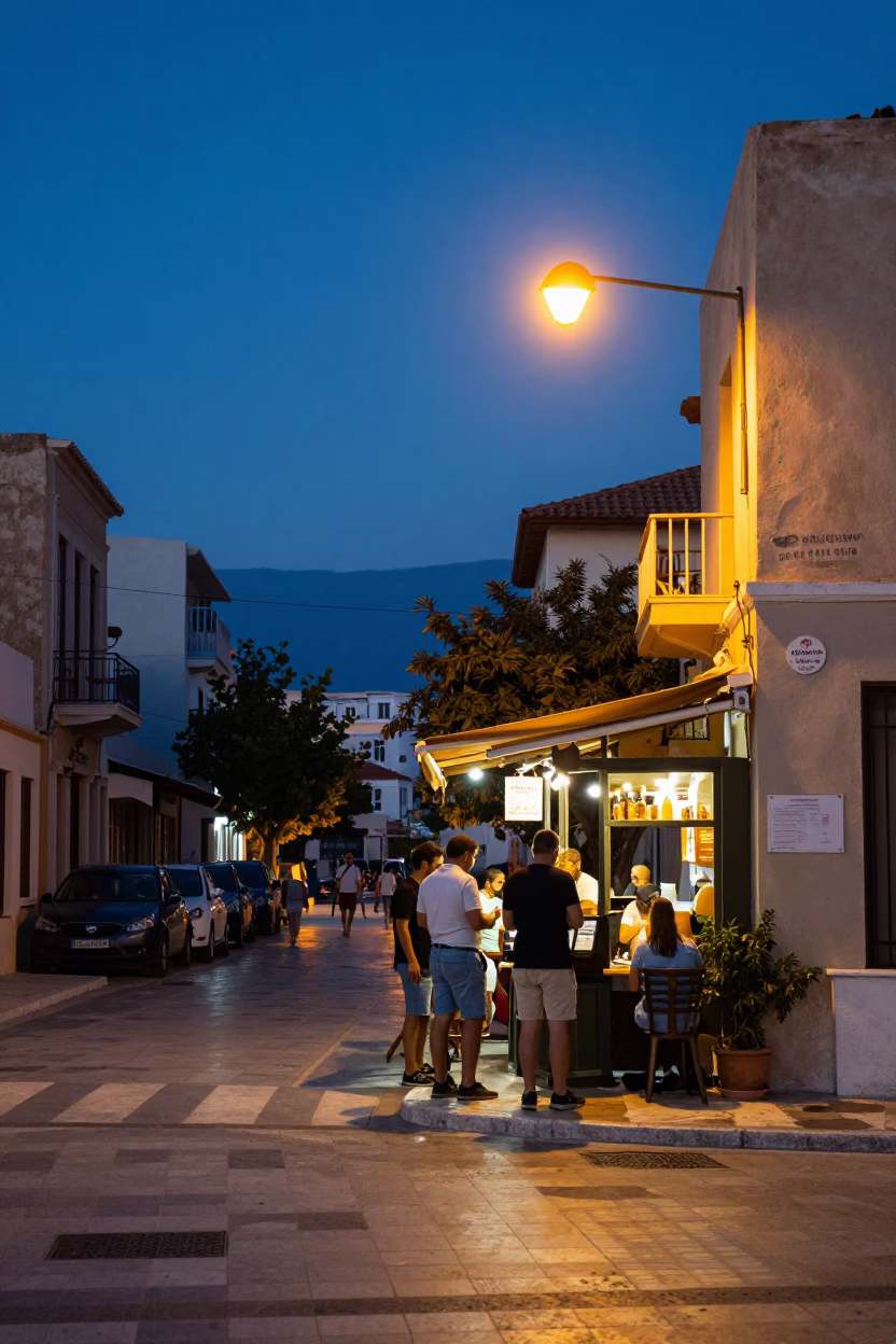 Street Scene in Athens at Indigo Twilight After Sunset in in Athens, Greece