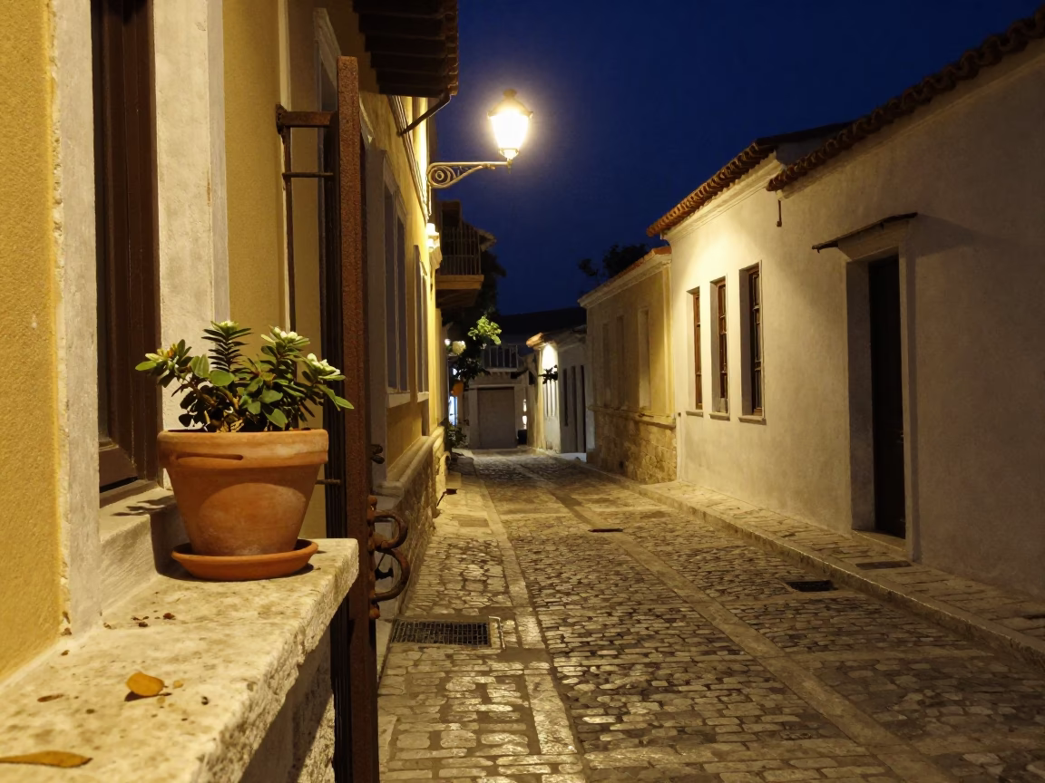 Street Scene in Athens at The Deepest Night Sky Light in in Athens, Greece