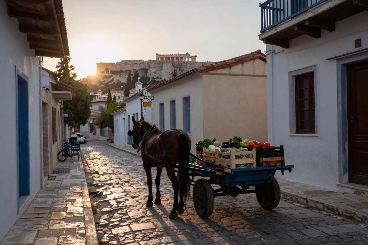 Street Scene in Athens at The Early Evening Light in in Athens, Greece