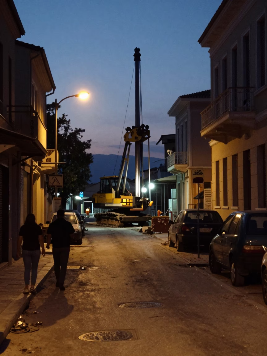 Street Scene in Athens at The Predawn Darkness Light in in Athens, Greece