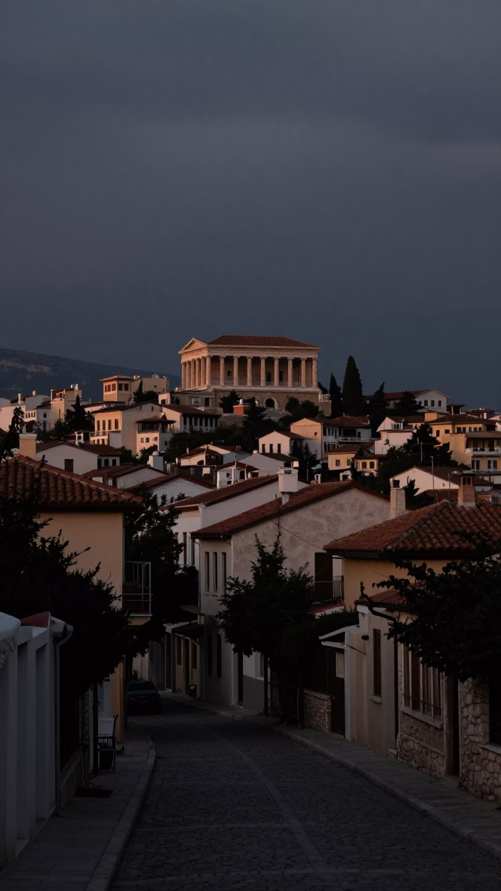 Street Scene in Athens at The Predawn Darkness Light in in Athens, Greece