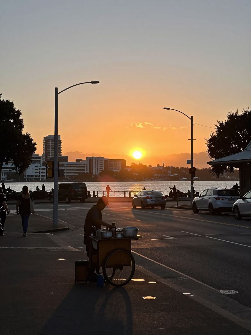 Street Scene in Auckland at As The Sun Drops Toward The Horizon in in Auckland, New Zealand