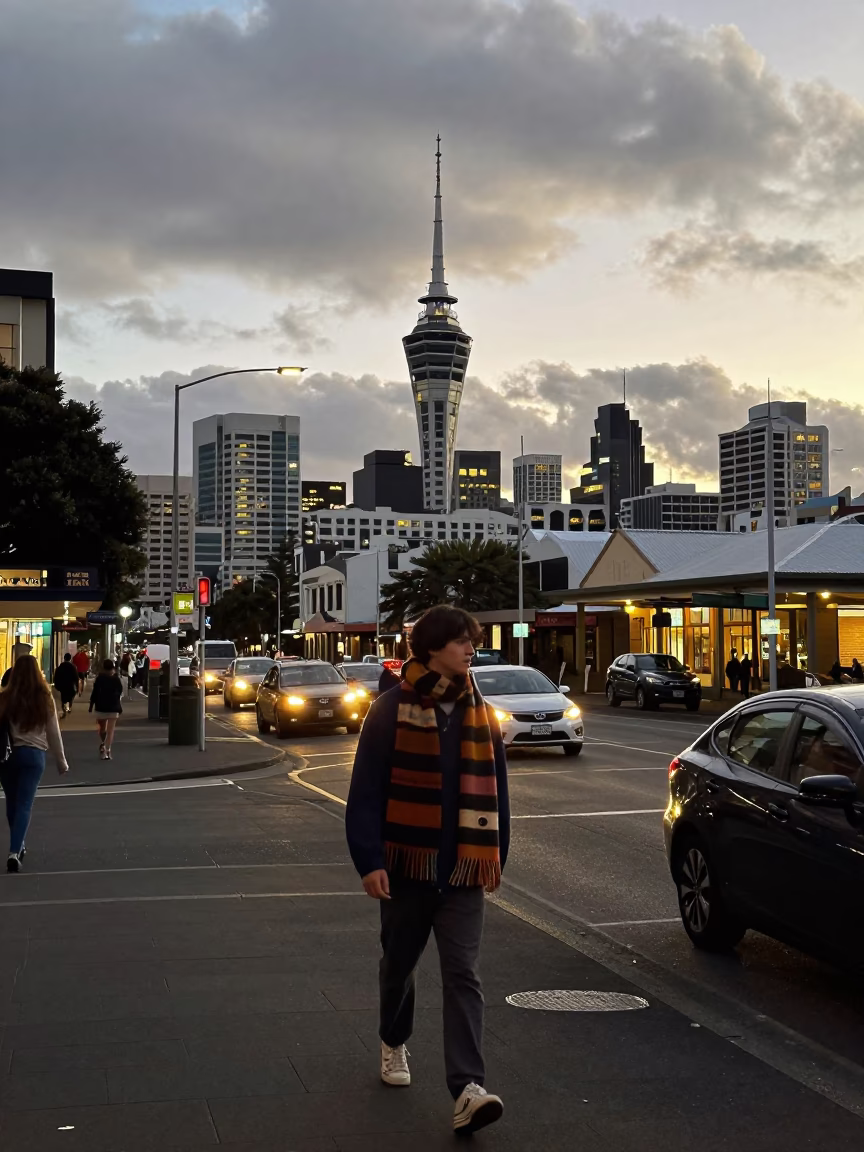Street Scene in Auckland at Nautical Dawn Light in in Auckland, New Zealand