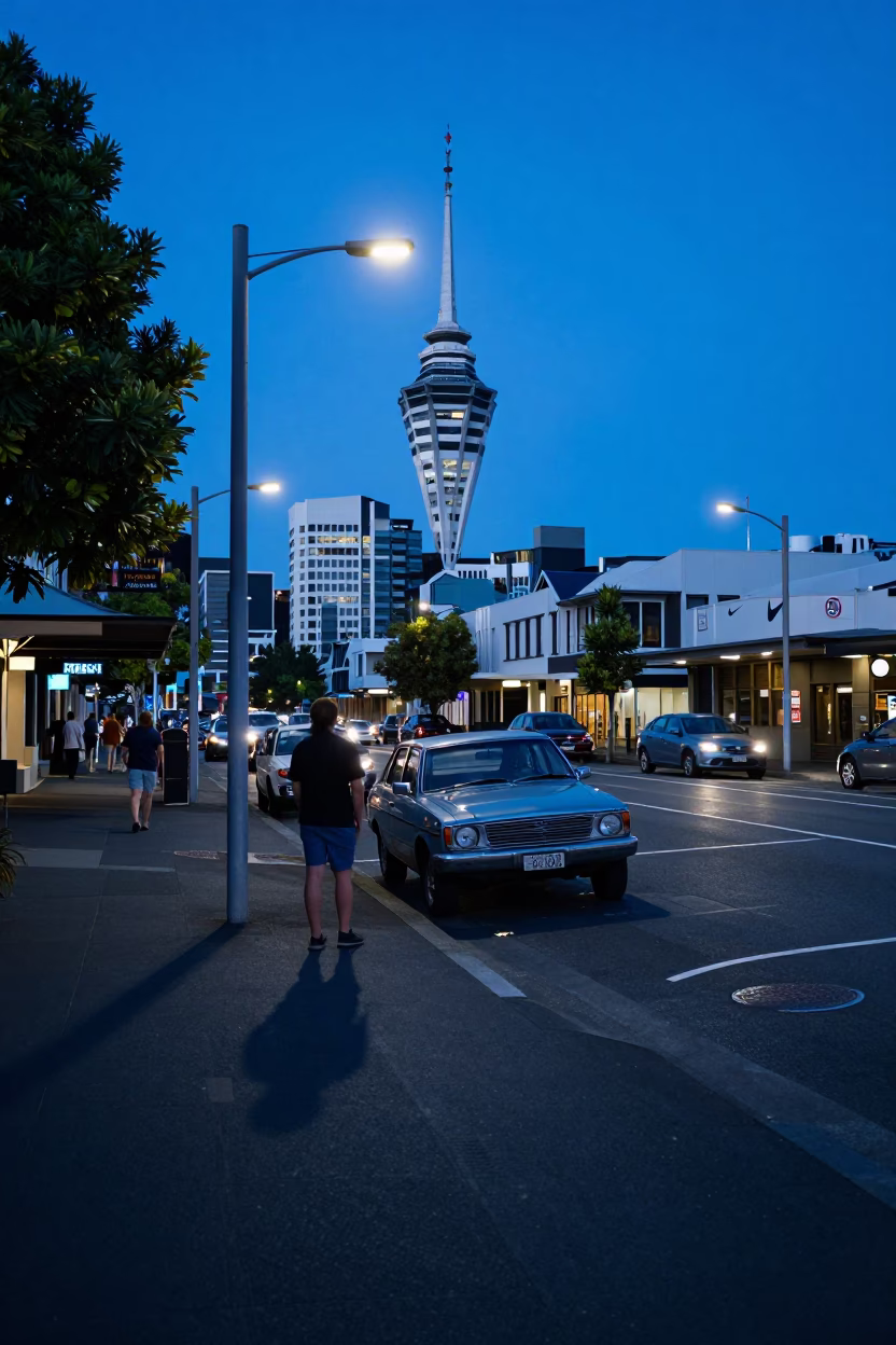 Street Scene in Auckland at The Last Blue Light Of Evening in in Auckland, New Zealand