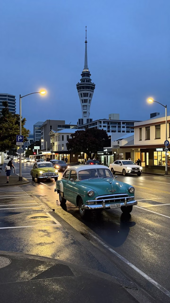 Street Scene in Auckland at Twilight in in Auckland, New Zealand