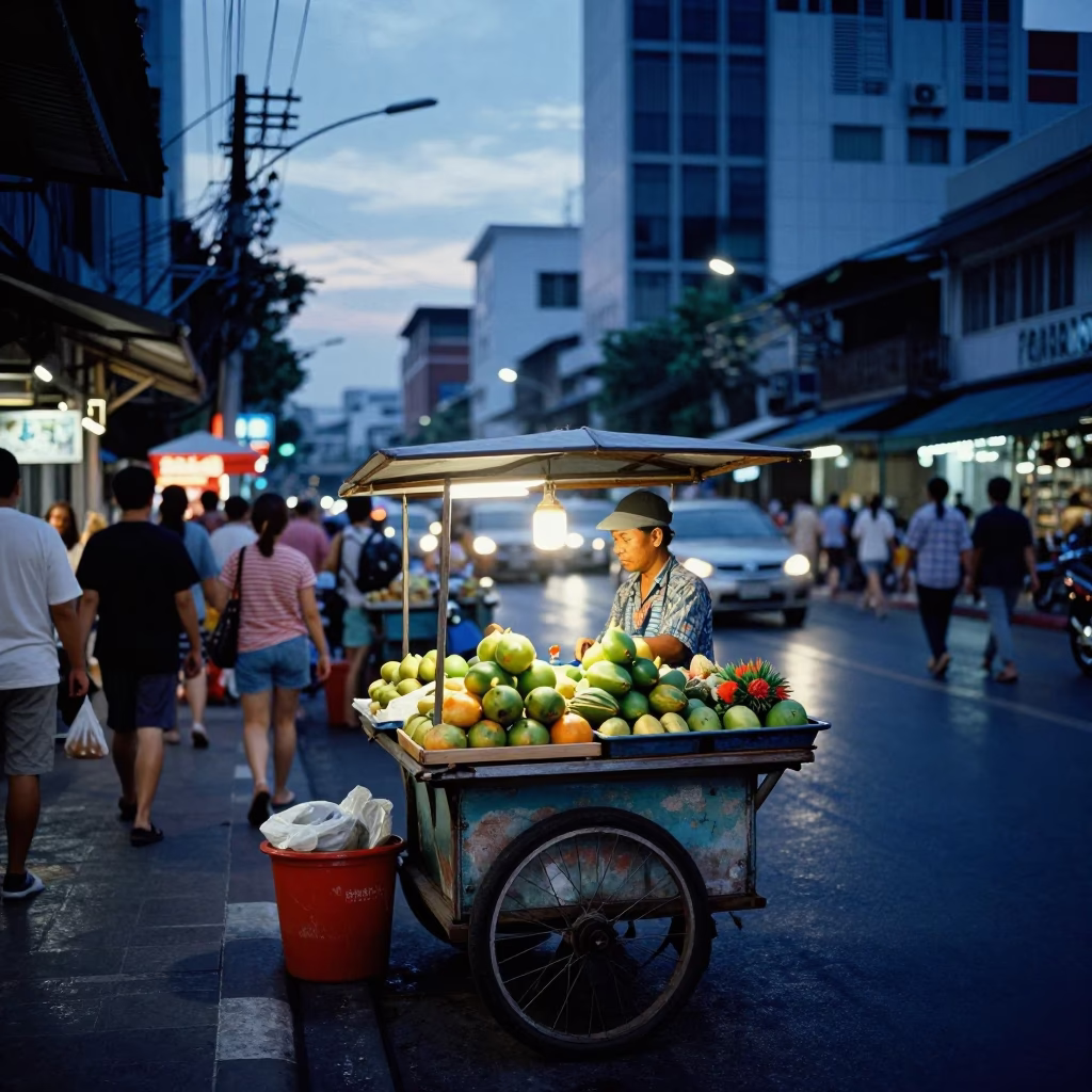 Street Scene in Bangkok at Blue Hour in in Bangkok, Thailand