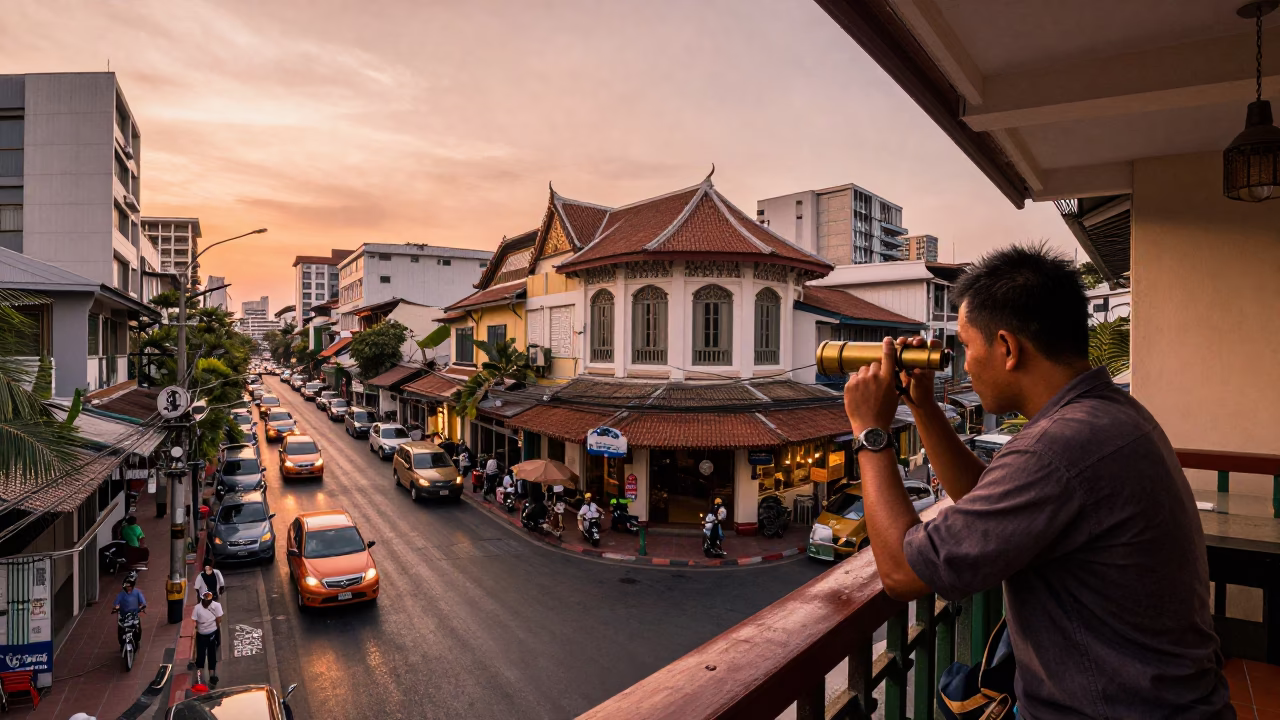 Street Scene in Bangkok at Copper-toned Light Before Dusk in in Bangkok, Thailand