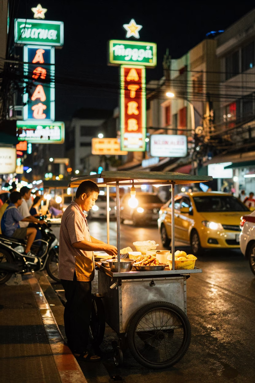 Street Scene in Bangkok at Deep In The Night Light in in Bangkok, Thailand