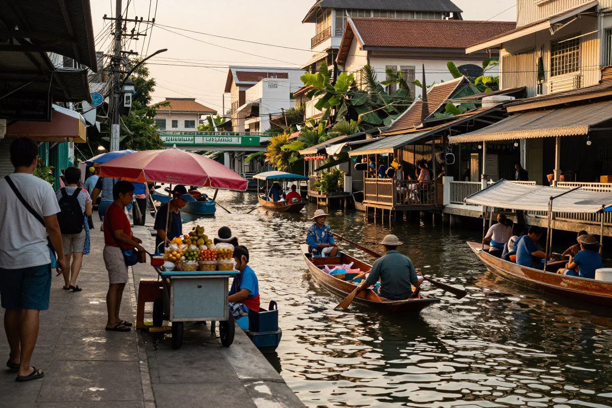 Street Scene in Bangkok at Honeyed Evening Light in in Bangkok, Thailand
