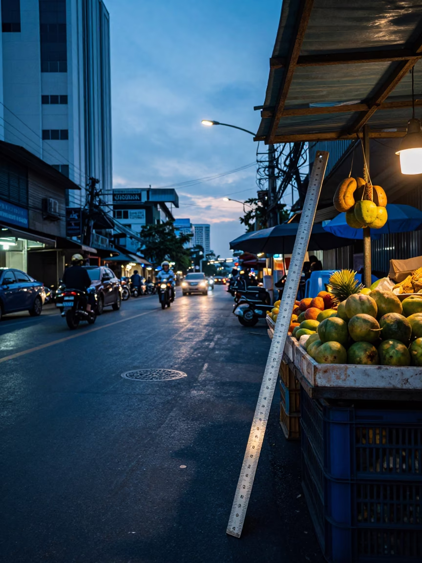 Street Scene in Bangkok at Nautical Dawn Light in in Bangkok, Thailand