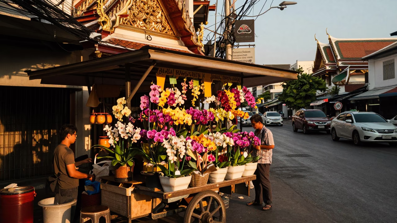 Street Scene in Bangkok at Sunset Light in in Bangkok, Thailand