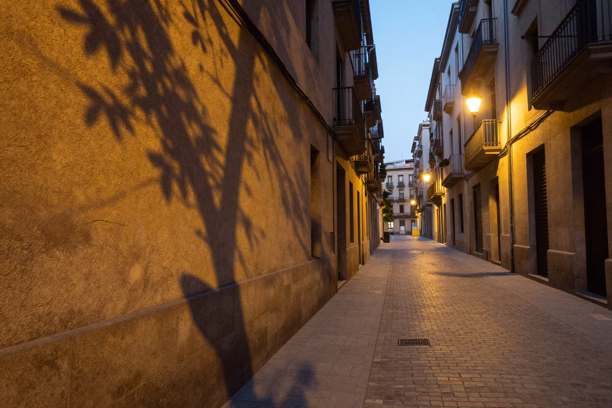 Street Scene in Barcelona at As City Lights Begin To Glow in in Barcelona, Spain