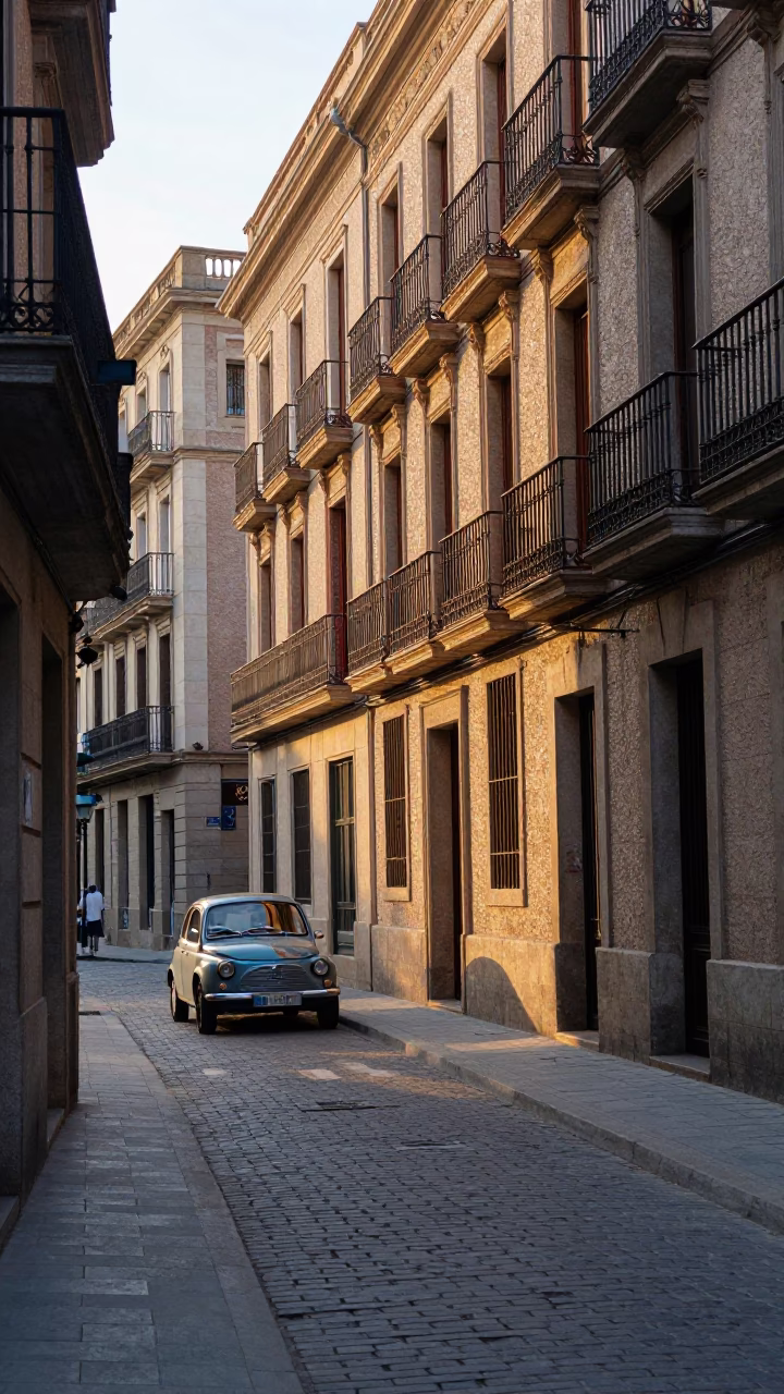 Street Scene in Barcelona at As First Light Reaches The Scene in in Barcelona, Spain