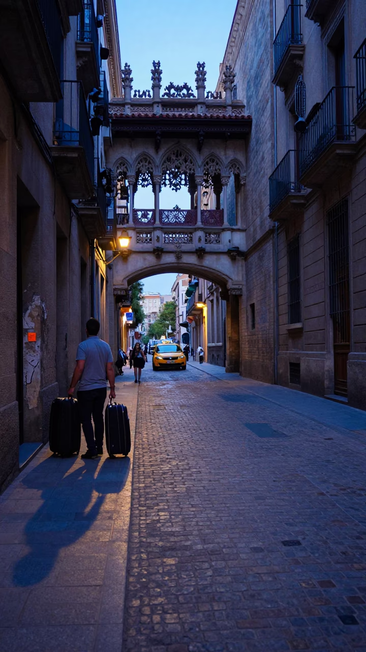 Street Scene in Barcelona at Blue Hour in in Barcelona, Spain