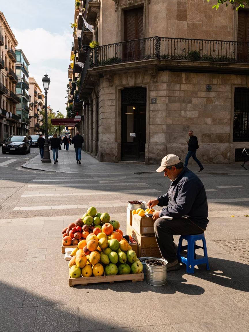 Street Scene in Barcelona at Clear Late-afternoon Light in in Barcelona, Spain