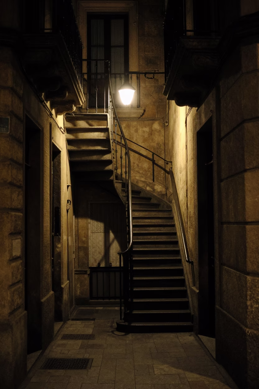 Street Scene in Barcelona at Deep In The Night Light in in Barcelona, Spain