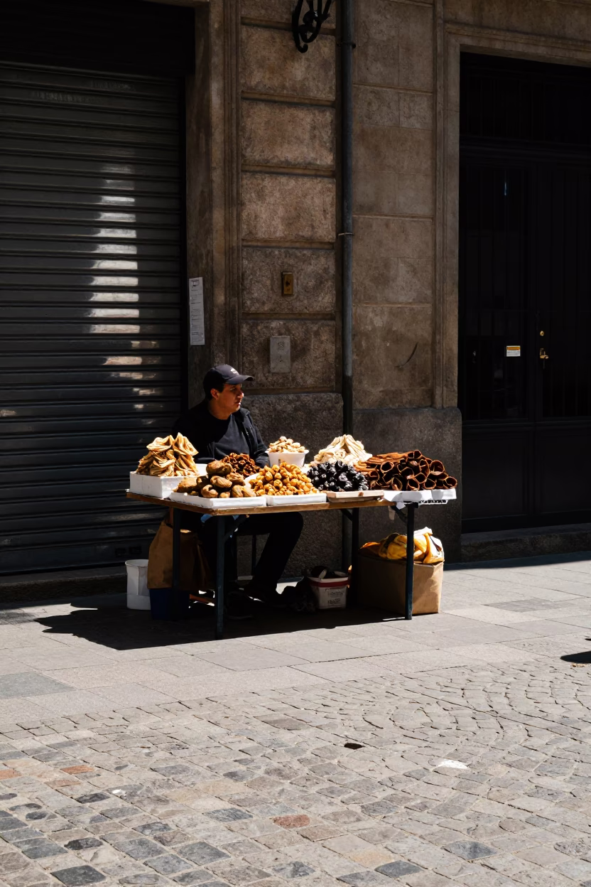Street Scene in Barcelona at Flat Noon Light in in Barcelona, Spain