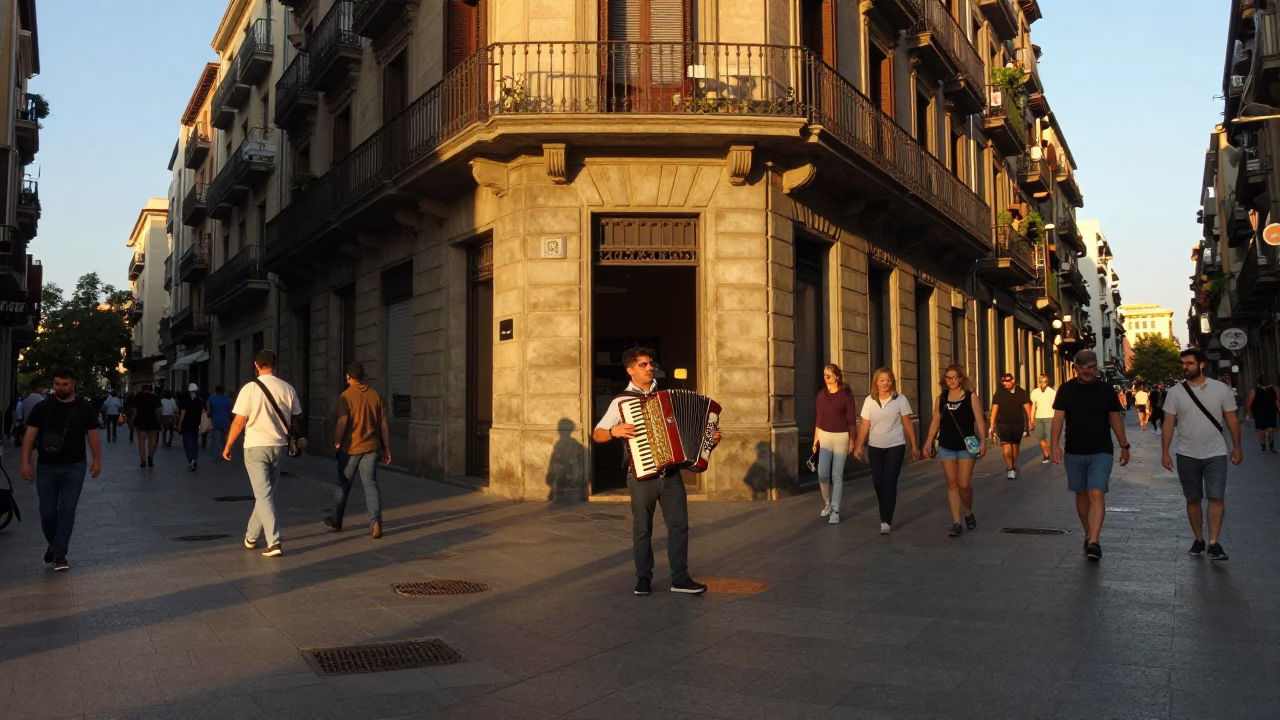 Street Scene in Barcelona at Golden Hour in in Barcelona, Spain