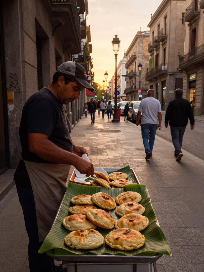 Street Scene in Barcelona at Honeyed Evening Light in in Barcelona, Spain