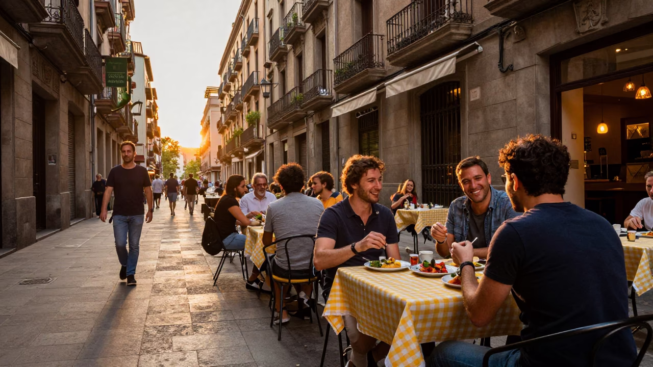 Street Scene in Barcelona at Honeyed Evening Light in in Barcelona, Spain