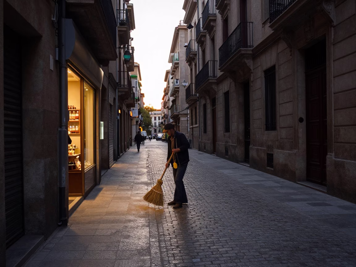 Street Scene in Barcelona at Nautical Dawn Light in in Barcelona, Spain