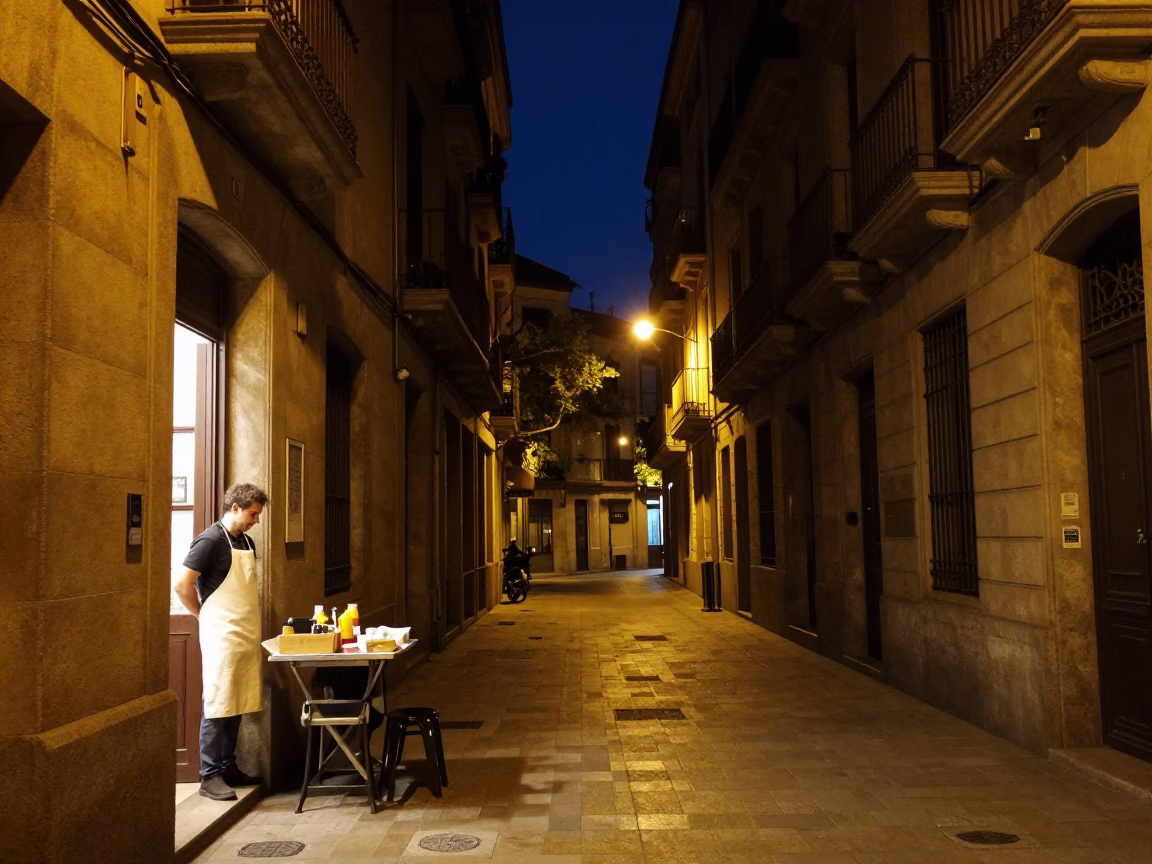 Street Scene in Barcelona at The Deepest Night Sky Light in in Barcelona, Spain