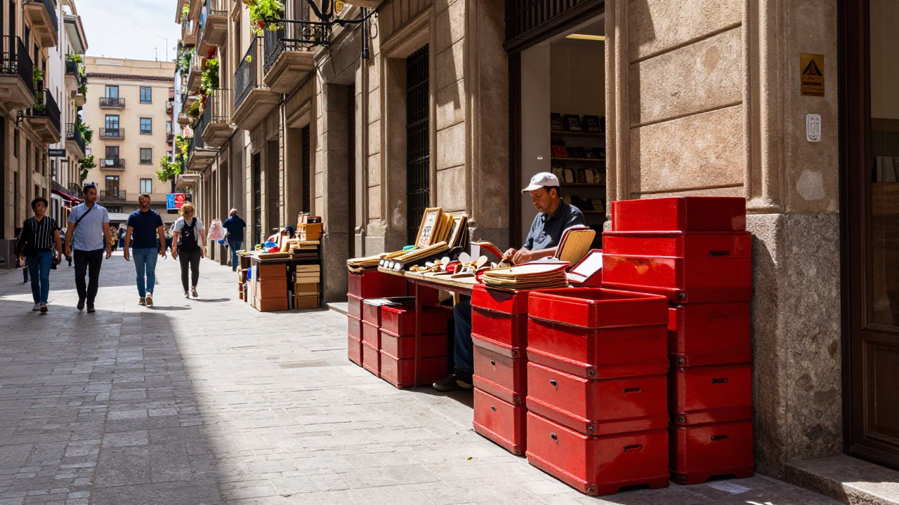 Street Scene in Barcelona at The Flat Glare Of Noon Light in in Barcelona, Spain