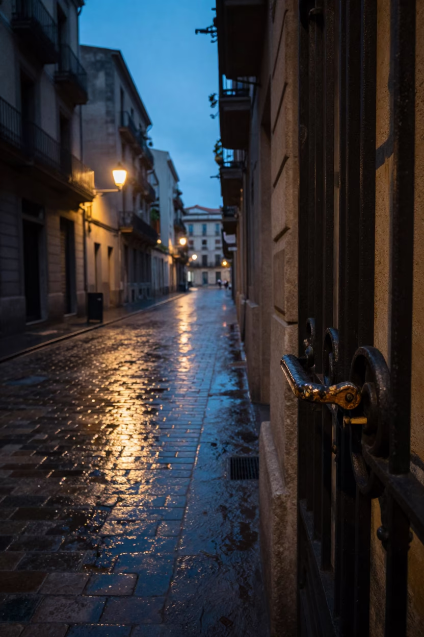 Street Scene in Barcelona at The Predawn Darkness Light in in Barcelona, Spain
