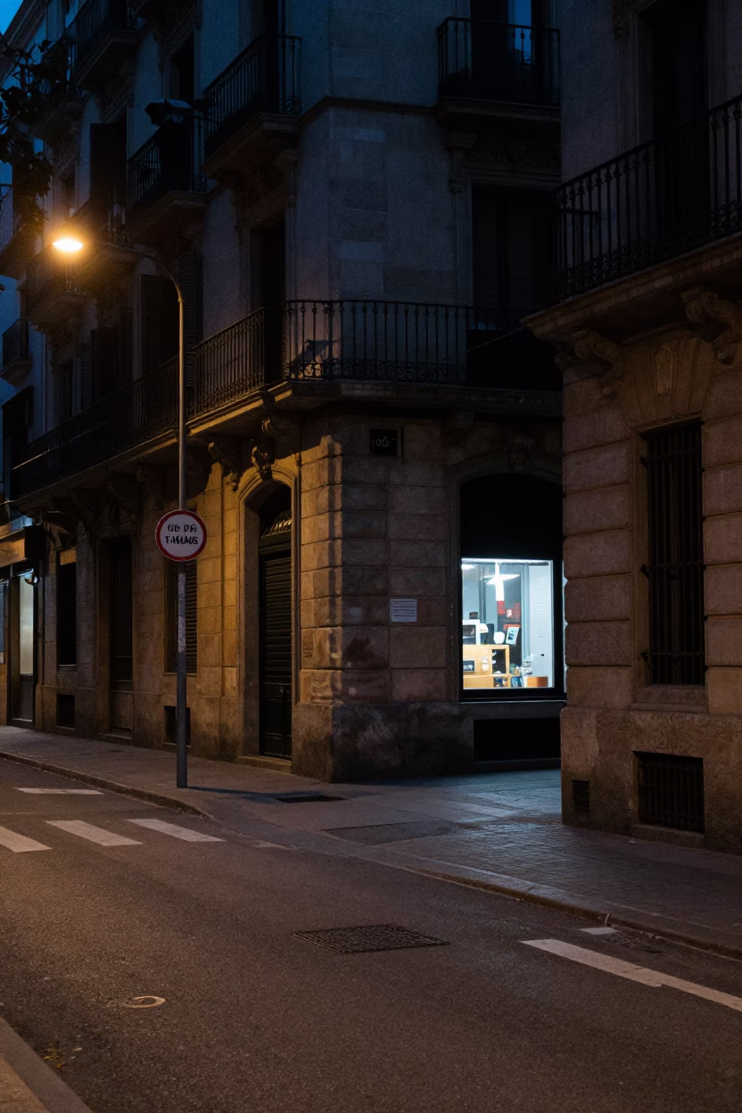Street Scene in Barcelona at The Predawn Darkness Light in in Barcelona, Spain