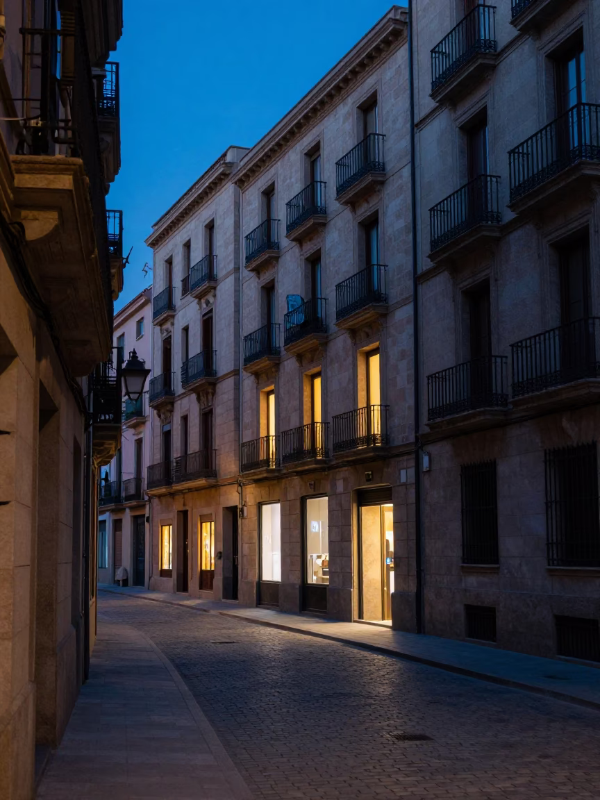 Street Scene in Barcelona at The Still Hours Before Dawn Light in in Barcelona, Spain