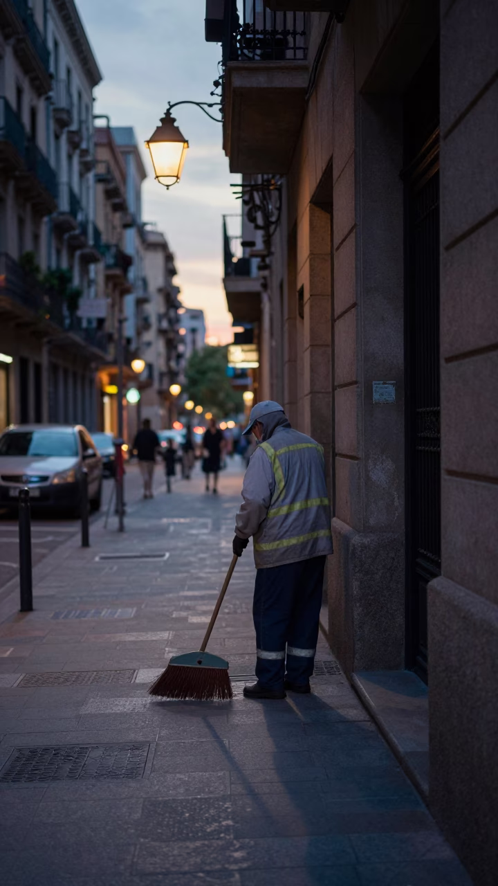 Street Scene in Barcelona at The Still Hours Before Dawn Light in in Barcelona, Spain