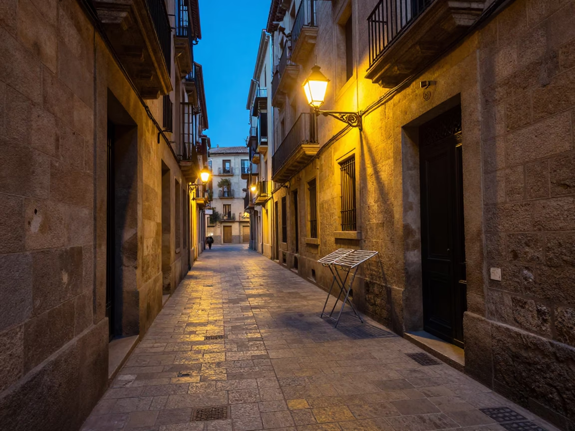 Street Scene in Barcelona at Twilight in in Barcelona, Spain
