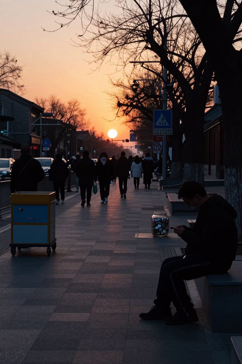 Street Scene in Beijing at As The Sun Drops Toward The Horizon in in Beijing, China