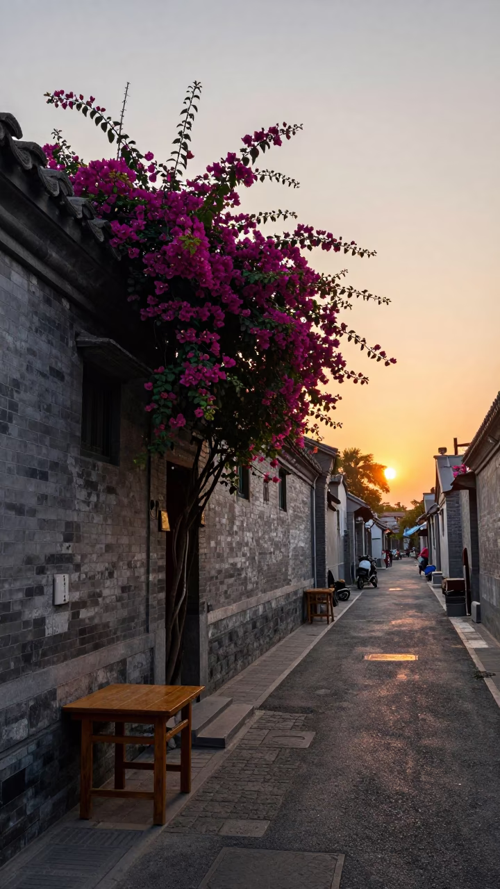 Street Scene in Beijing at As The Sun Drops Toward The Horizon in in Beijing, China