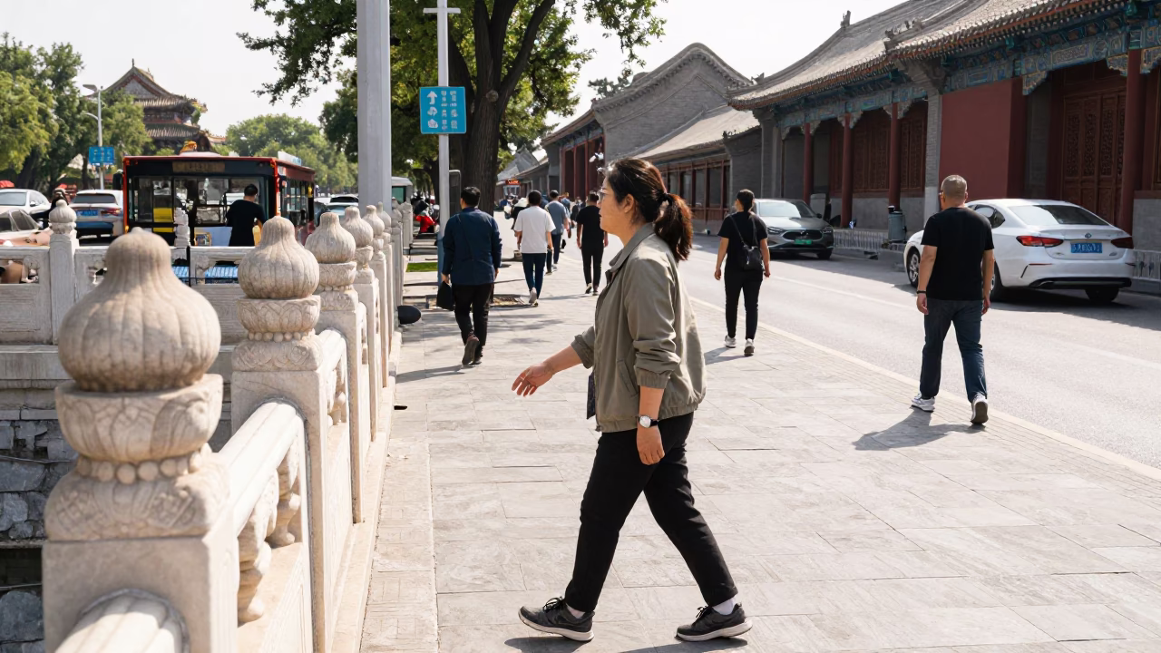 Street Scene in Beijing at Bright Midmorning Light in in Beijing, China