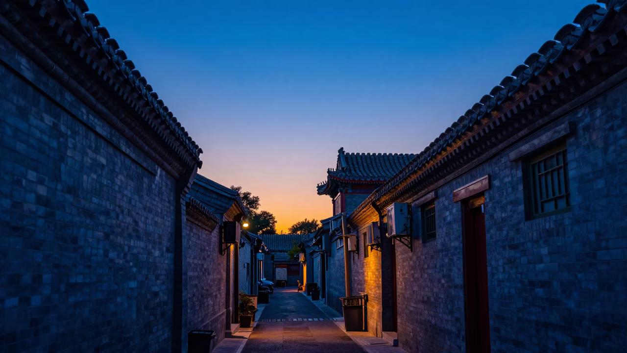 Street Scene in Beijing at Indigo Twilight After Sunset in in Beijing, China