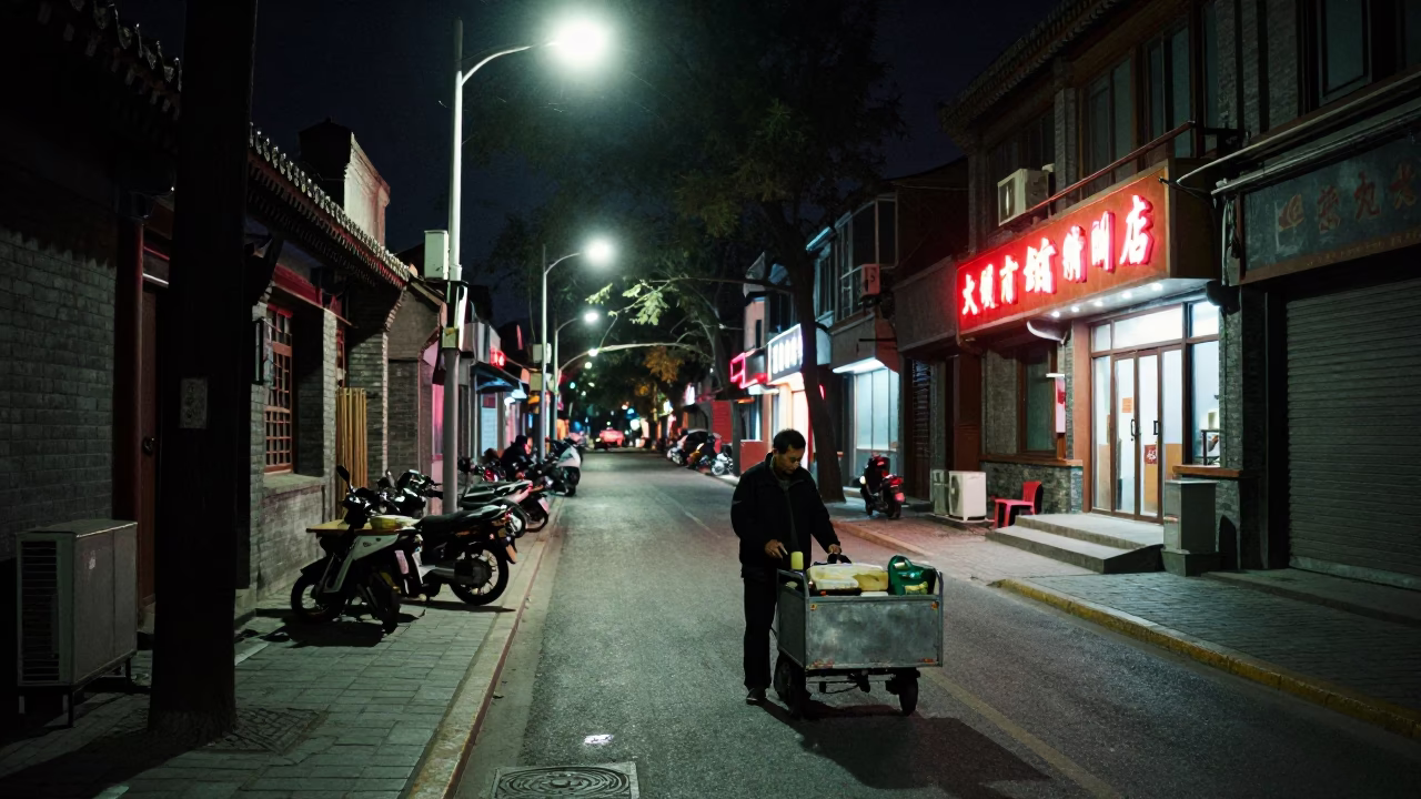 Street Scene in Beijing at Midnight Light in in Beijing, China