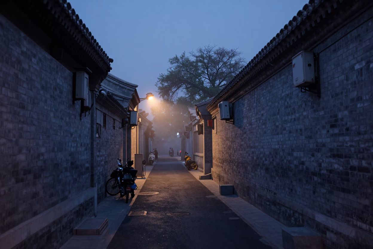 Street Scene in Beijing at The Predawn Darkness Light in in Beijing, China