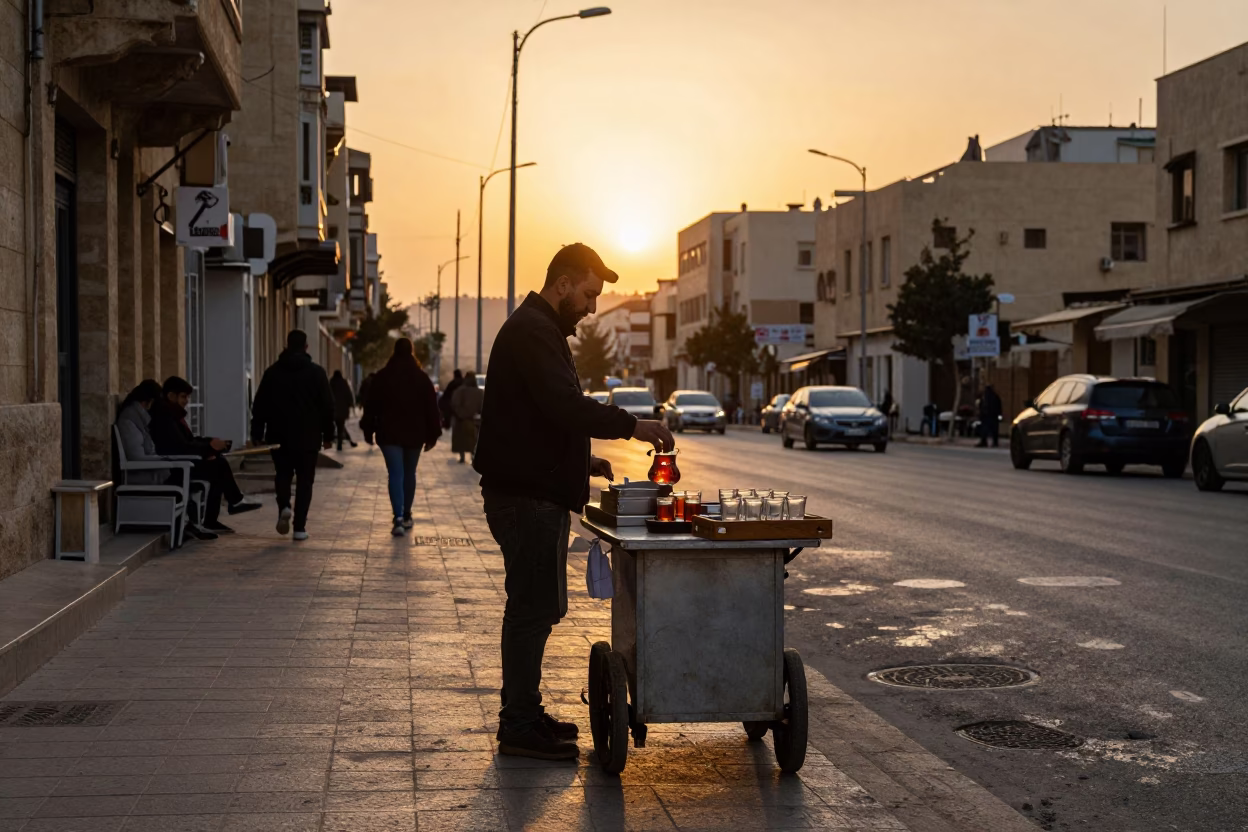 Street Scene in Beirut at As The Sun Drops Toward The Horizon in in Beirut, Lebanon