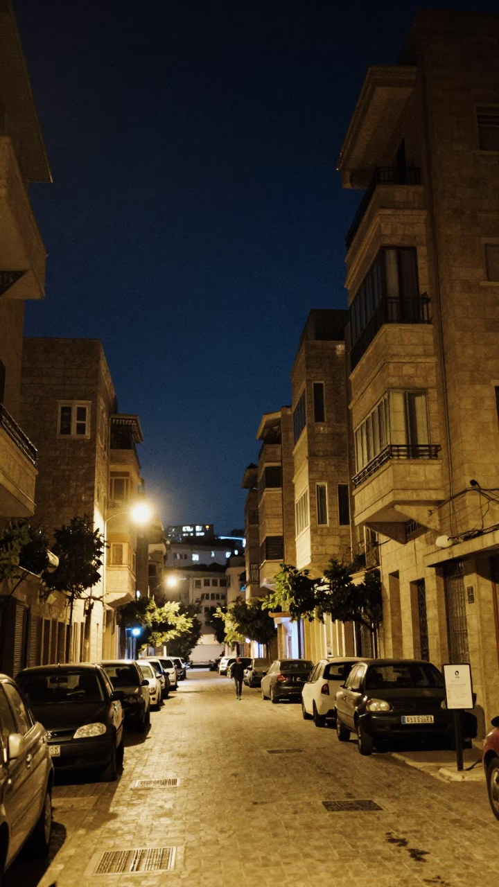 Street Scene in Beirut at The Deepest Night Sky Light in in Beirut, Lebanon