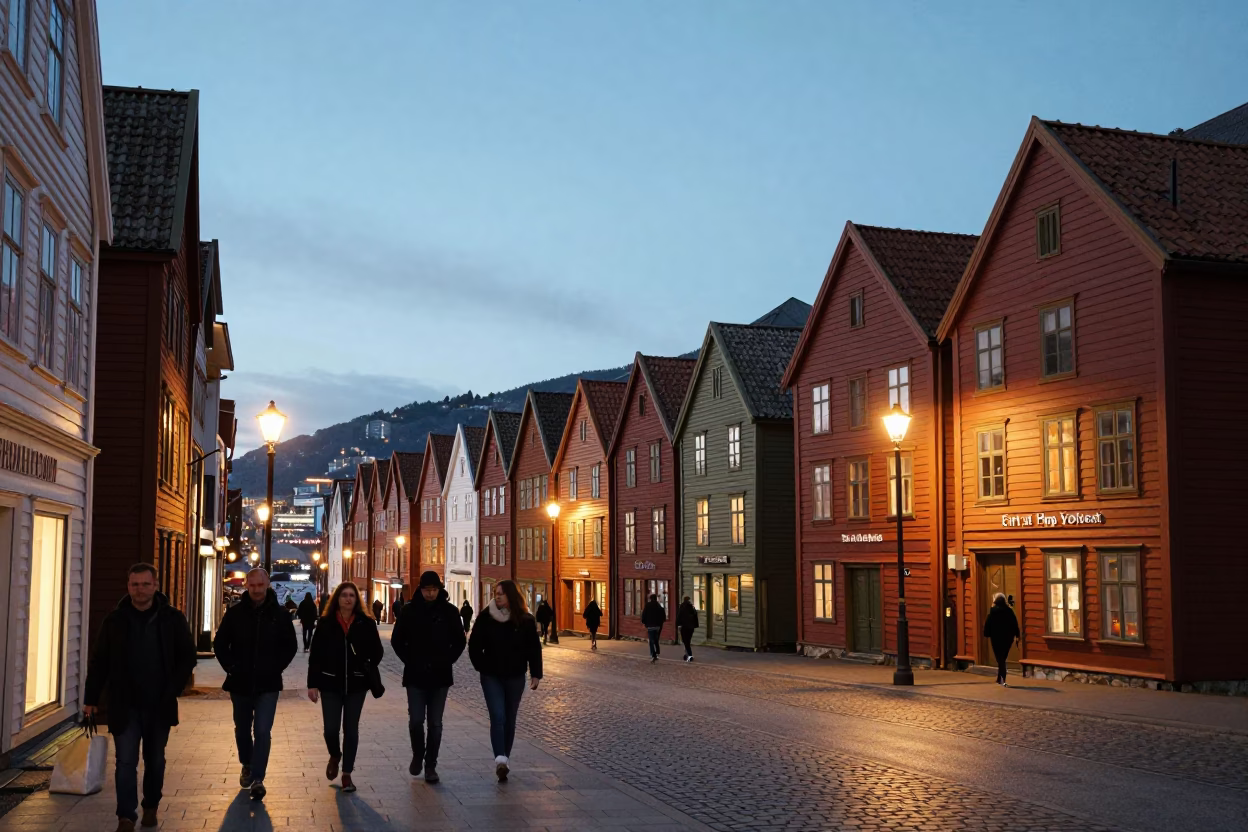 Street Scene in Bergen at As City Lights Begin To Glow in in Bergen, Norway