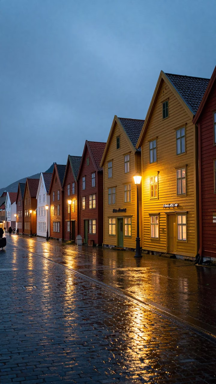 Street Scene in Bergen at As City Lights Begin To Glow in in Bergen, Norway