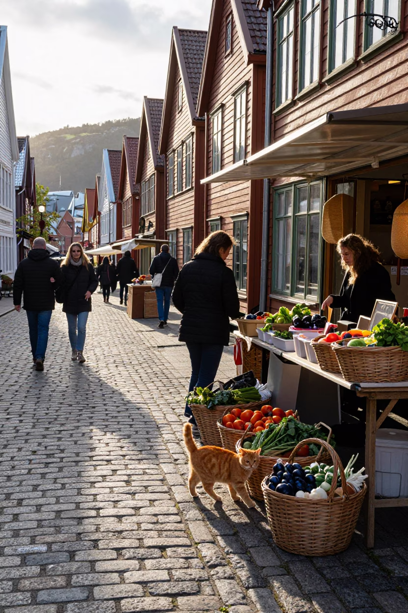 Street Scene in Bergen at As First Light Reaches The Scene in in Bergen, Norway