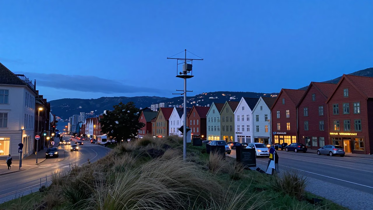 Street Scene in Bergen at Blue Hour in in Bergen, Norway